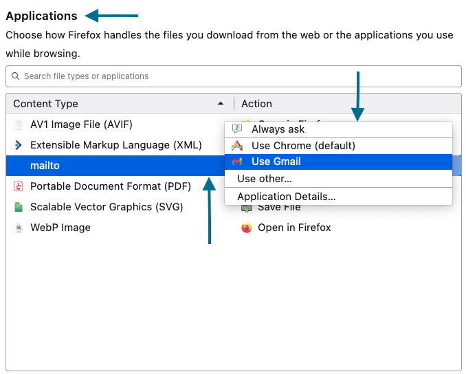 Default email app configuration in Firefox