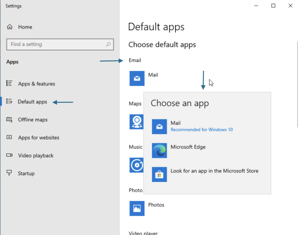 Default email app configuration on Windows